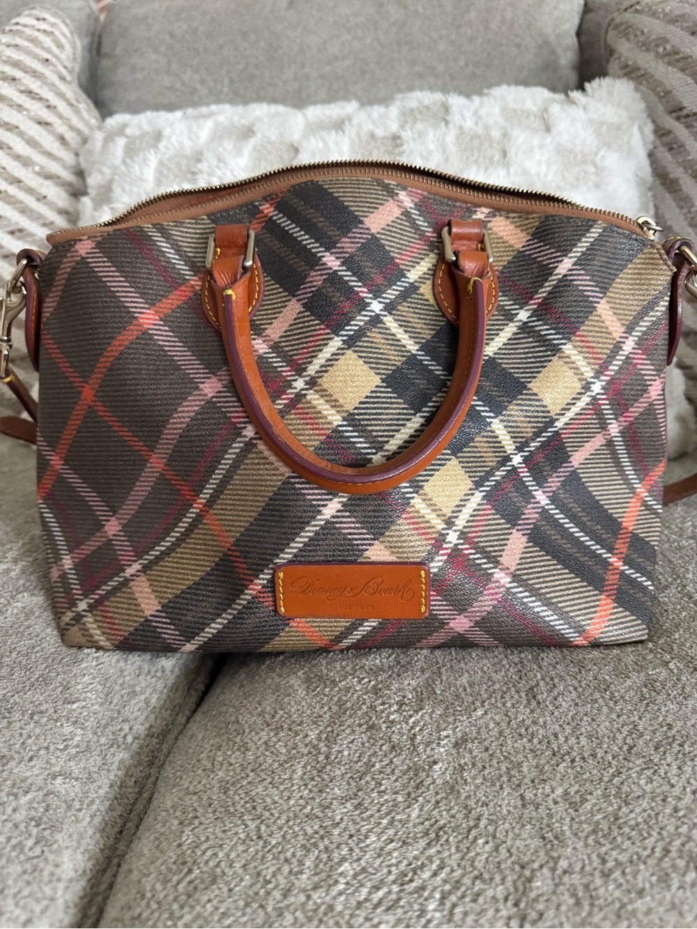 Dooney & Bourke Brown Plaid Satchel with Tan Leather Trim